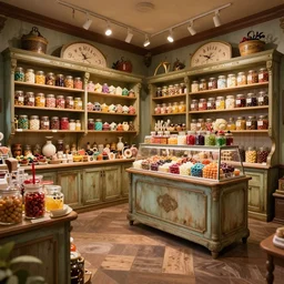 Inside an old fashioned sweet shop, jars on shelves, fantasy vendor interior, wide angle, cinematic, highly detailed, photorealistic, rich bright colors, trending on artstation