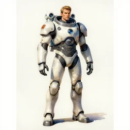 male, full body, modern space suit, very stylized character design, large shoulders, short torso, long thin legs, tiny feet, character sheet, science fiction, hyperdetailed, technical suit, space marine, watercolor digital painting, by mike mignola, by alex maleev, jean giraud, painted by leyendecker