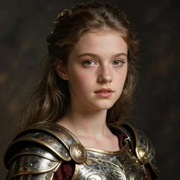 close - up portrait of beautiful young woman dressed gladiator with metallic armor, art by uwe ommer