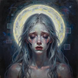 magic halo, broken soul, deep sickness and sadness oil paint, surrealist highly detailed at, galactic ethereal, trending on art station, multi media, emotional surrealism oil painting, tears, crying, glitching squares, very very very very very beautiful