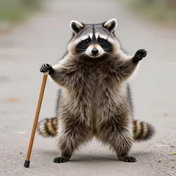 raccoon dancing with a cane in his hand