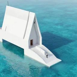 elegant, wondrous, eclectic, AWESOME, beautiful 3d render of a diagonal aerial view of a distant plain white building surrounded by turquoise water. a man walks down a staircase from the building's only door into the water. Trending on artstation, rendered in octane, vfx, digital art, control the soul, rendering, postprocessing, rendered in UnrealEngine
