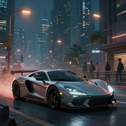 a sport car in a cyberpunk city with street lights at night. art by ismail inceoglu, filip hodas, and pixar.