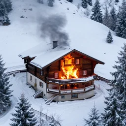 hidden mansion on fire in the alps with snow covered roof, zoomed out, shot from drone, iphone capture
