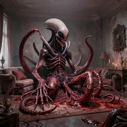 living room made of bloody alien tentacle flesh. A giant alien carcass lay in the middle, by Zdzislaw Belkinski , digital art, surreal, horror, HD, 8K