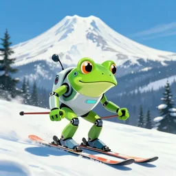 frog skiing on mt hood, cybercore ravecore, robot, in 1 9 8 7, scene from a kiyoshi kurosawa movie