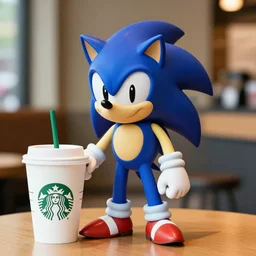 Sonic The hegdehog having a cup of tea at starbucks. Beautiful composition, 50 mm f 1.2, medium shot, indoor smooth light