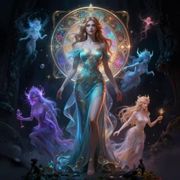 woman, magical, spirits , detailed illustration, dark atmosphere, unreal engine, trending on artstation, neon color, high quality, full body shot, fantasy character, detailed illustration, hd, 4k, digital art, overdetailed art, concept art, by greg rutkowski, by Alfons Mucha, complementing colors, Trending on artstation, deviantart