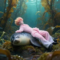 Prince in pastel!!, A seal sleeping peacefully in a kelp forest, cinematic, hyper realistic, detailed, 8k, octane render.