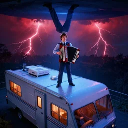 dwight schrute ( the office, rainn wilson ) playing accordion standing on roof of rv in the stranger things upside down world, blue volumetric lighting, red lightning in background, photorealistic, aerial photo