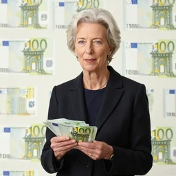 Christine Lagarde using euro bills as wallpaper