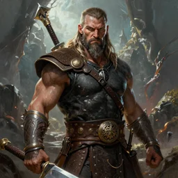 comic book style portrait painting of a conan the barbarian in a stunning fantasy setting, unreal 5, DAZ, hyperrealistic, octane render, dynamic lighting