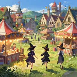 young witches running around exploring small town carnival amusement, food stalls, highly detailed, digital painting, concept art, matte, art by ruan jia and wlop and greg rutkowski and makoto shinkai, masterpiece
