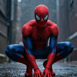 Peter Parker as Spiderman , heavy rain ,dramatic, intricate, highly detailed, concept art, smooth, sharp focus, illustration, Unreal Engine 5, 8K