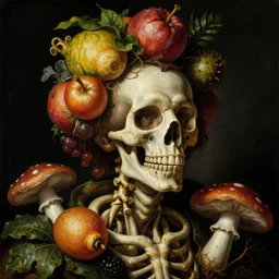 a close - up baroque portrait of a futuristic tropical skeleton with colorful fruit and mushrooms. studio lighting. black background. highly detailed science - fiction fantasy painting by norman rockwell, moebius, frank frazetta, syd mead, and giuseppe arcimboldo. rich colors, high contrast. renaissance masterpiece. artstation