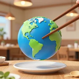 earth picked up by chopsticks in a restaurant, digital art, trending on artstation