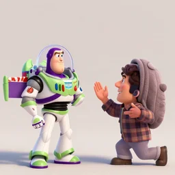 Large man with dark hair wearing a plaid shirt proposing to buzz light year, Pixar, CGI, detailed, raytraced, 4k