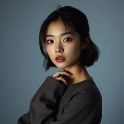 creative portrait of a korean female model for id magazine, fashion photography, dim light, no makeup,