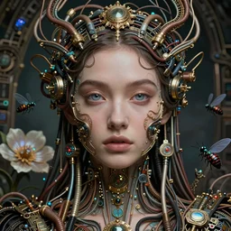 very beautiful woman integrating with technology, full face frontal centered, portrait, insipiring, detailed intricate ornate cables connected to head, big open electric eyes, luxurious detailed abundent wiring and implants, renaissance, sci - fi, detailed technology background with cyber flowers and insects, dramatic lighting, highly detailed, artstation, 8 k,