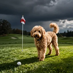 A Golden Labradoodle playing golf in Canada