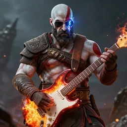 sunglasses kratos shredding on a flaming stratocaster guitar, cinematic render, god of war 2 0 1 8, santa monica studio official media, sunglasses, lightning, stripe over eye, clear face