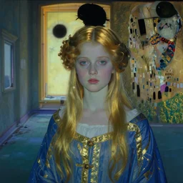 close up of a girl in a blue and gold haunted liminal abandoned room, film still by edward hopper, by Pontormo, by klimt, art noveau, highly detailed, strong lights, liminal, eerie, Bright pastel colors