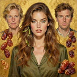 epic painting drawing, full figure portrait of beautiful supermodel wearing olive blouse, long wavy hair with tea leaves, dried date, deglet noor dates, pitted dates, photography by amy leibowitz, wlop, jeremy lipkin, beeple, intricate, symmetrical front portrait, artgerm, golden glowing background