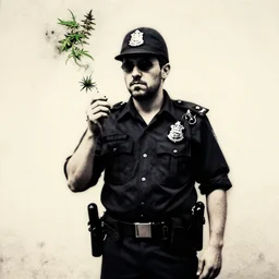stencil art of police officer smoking, weed leafs, by banksy