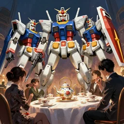 gundams have a giant tea party, highly detailed, digital art, illustration, dramatic angle