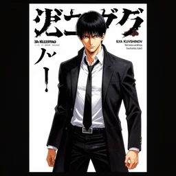 professionally drawn seinen mature cyberpunk detective horror action manga comic cover about pain, murder, rituals, occult, blood, full color, beautifully drawn coherent professional, drawn by ilya kuvshinov, ilya kuvshinov, hiromu arakawa and tsutomu nihei. japanese script kanji hiragana on the cover. simplistic minimalist stylized cover art.