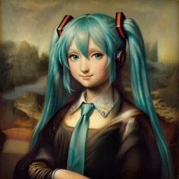 A classic portrait of Hatsune Miku by Leonardo da Vinci, oil painting, year 1506, highly detailed, chiaroscuro