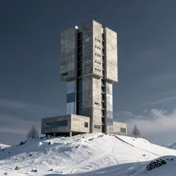 Small brutalist modern concrete and metallic tower on a cold, snowy hill. Concept art, star citizen.