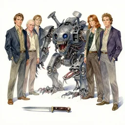 watercolor lonely knife & terrifying machine by richard corben, boris vallejo, bernie wrightson, ian miller, boris vallejo, & albrecht durer, fine art masterpiece baked at 3 0 0 f, matte painting, backlit dystopian lighting, photorealistic render, cinematic,