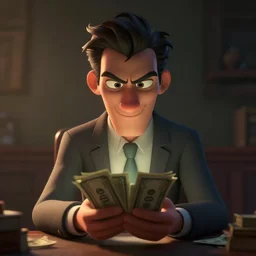 portrait of bookmaker with money in hands sly cunning pixar style animation 3d extremely gloomy lighting, shining light and shadow, atmospheric, cinematic, unreal Engine, 8K