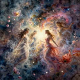 an intricate watercolour of dreams, godesses, nebulae, blossom, flowers, lights, colored smoke, prismatic, cinematic dream sequence, hazy, soft focus, artstation, in the style of delphin enjolras.