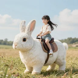 Young girl riding on top of a horse-sized rabbit through a field