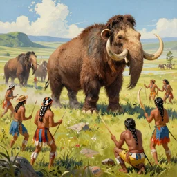painting of native americans hunting a herd of mammoths, artstation, vibrant, colorful, ultra detailed