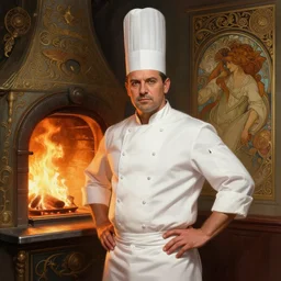portrait of a proud chef cook, posing in front of exploding oven on fire, intricate, elegant, highly detailed, digital painting, artstation, concept art, smooth, sharp focus, illustration, art by artgerm and greg rutkowski and alphonse mucha, 8 k