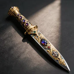 artistic knife with jewels and gold inlay in the style of a indonesian keris, photorealistic