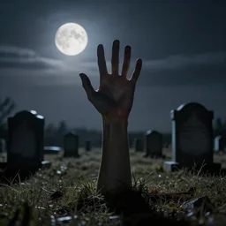 hand rising from the ground in a cemetery, tombstones, moonlight, eerie, chiaroscurro