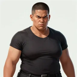 concept art of a masculine stocky filipino woman with buzzcut, snarl, gang member, badass
