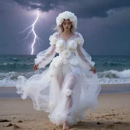 lonely wonderful goddess with a white large magnificent vaporous, wrapped, hight decorated, detailed, white roses semi transparent cotton dress, she is moving in the sand near the ocean, during lightning storm, her face is visible, dramatic light, render engine, 8 k