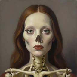 a surrealistic head and shoulder painting of a gorgeous female skeleton with cat eyeballs and lipstick, in the style of rene magritte and mark ryden, digital art, detailed masterpiece