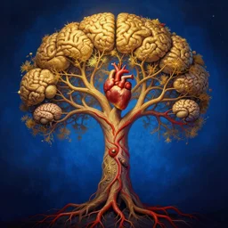 the holy grail, surreal, abstract, tree of life brains, heart, red veins blue background, cinematic masterpiece, beautiful golden lighting