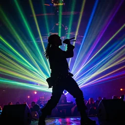 rapping on a pirate ship, holding microphone, epic angle, profile view, silhouetted, distinct, psychedelic hip-hop, laser light show, beams of light