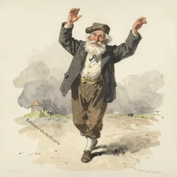 a muted color watercolor sketch of a old man little person dancing from story book character ifrom the book Baltimore & Redingote by Jean-Baptiste Monge of an old man in the style of by Jean-Baptiste Monge that looks like its by Jean-Baptiste Monge and refencing Jean-Baptiste Monge