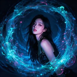 lee jin - eun emerging from bioluminescent maelstorm in cyberpunk theme by conrad roset, jakub rebelka, tran nguyen, peter mohrbacher, rule of thirds, seductive look, beautiful
