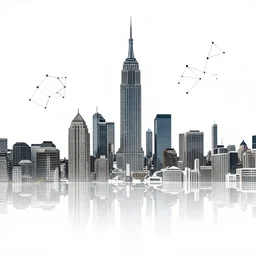 high-resolution data visualization in the shape of a city skyline, clusters and constellations of fragmented connections in the pattern of an audio waveform