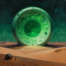 gigantic portal in the green moonlit desert, surrealism, by Tyler Edlin and Jean Delville, by John Berkey and Filip Hodas, sci-fi concept art, Beeple, highly detailed, soft lighting, rendered in octane, by Roger Dean, by Dean Ellis, oil on canvas, cinematic lighting, vibrant, concept art, gothic, contrasting, nightscape