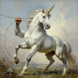 muscular anthropomorphic unicorn breaking barbed wire with his hands, highly detailed painting by gaston bussiere and j. c. leyendecker and craig mullins 8 k